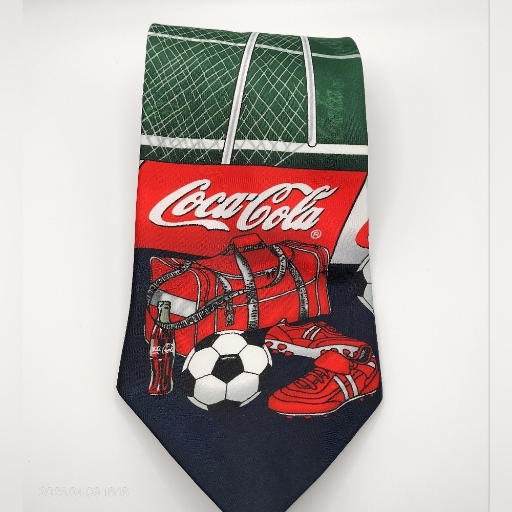 Coca Cola Men's Red and Green Tie Soccer Football Sports Whimsical Classic